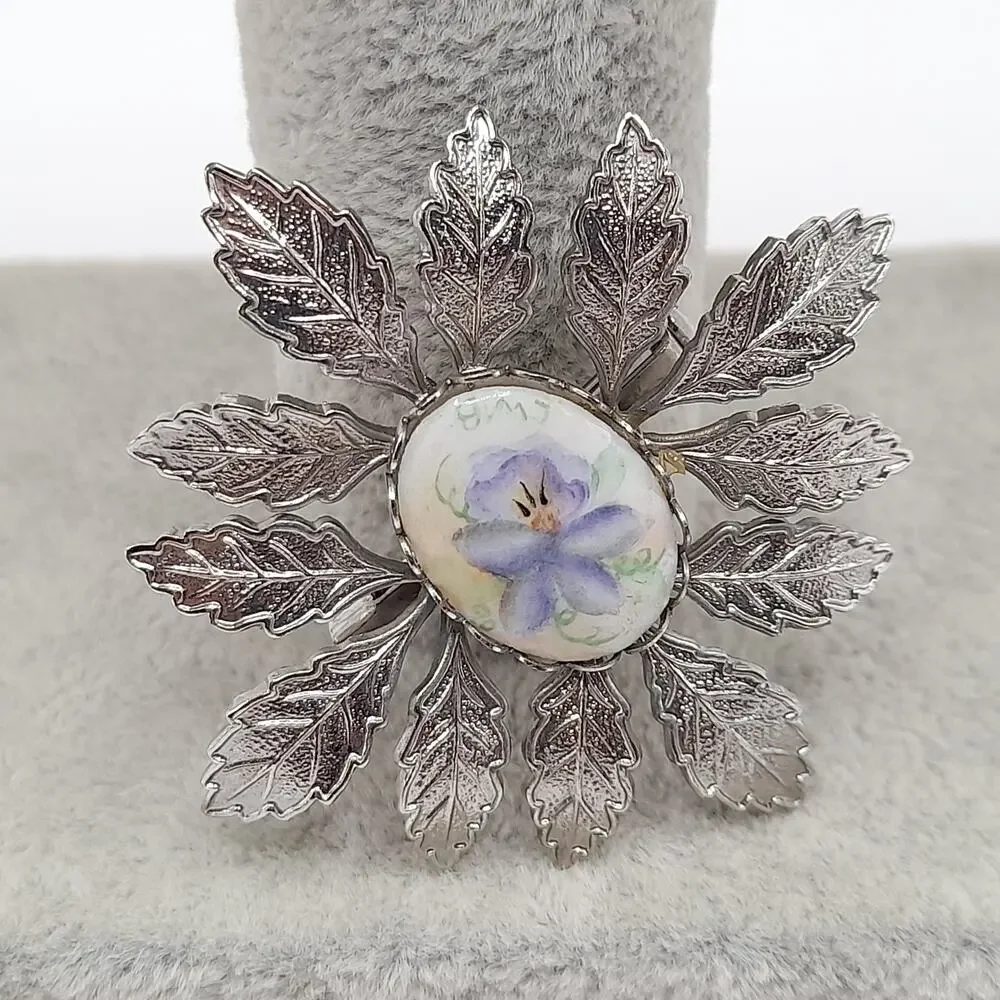 Vintage 1950s Hand Painted Porcelain Floral Brooch Silver Tone Leaf Frame 2